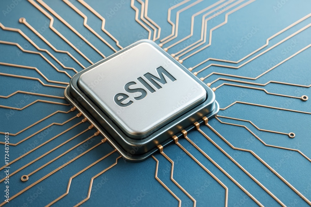 Poster esim microchip close-up with electronic circuit lines on blue background symbolizing digital connect