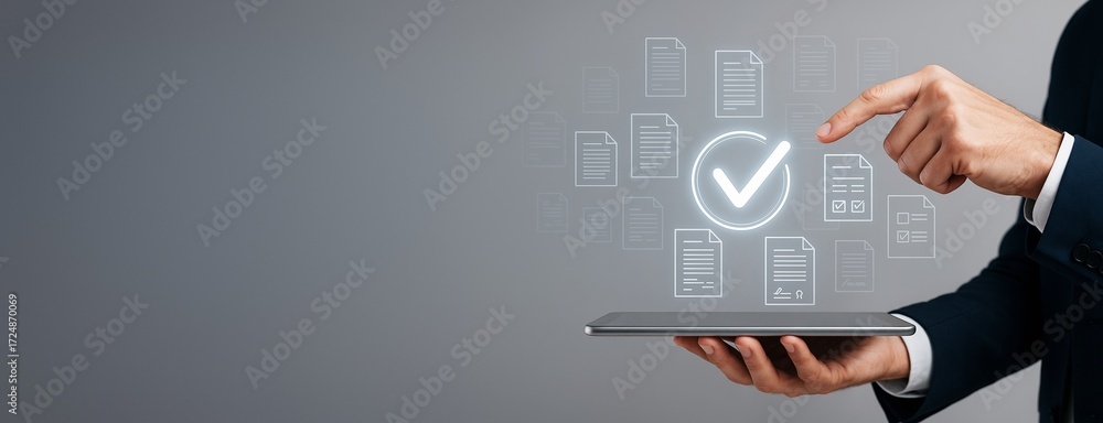 Poster businessman using digital tablet with floating document icons and checkmark on grey background for t