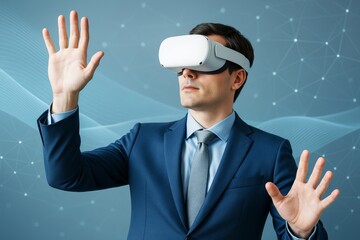 Businessman using virtual reality headset interacting with digital interface in a futuristic tech environment on a light blue background.