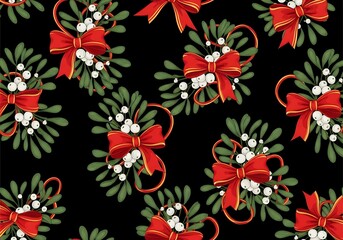 Festive mistletoe pattern with red bows on elegant black background