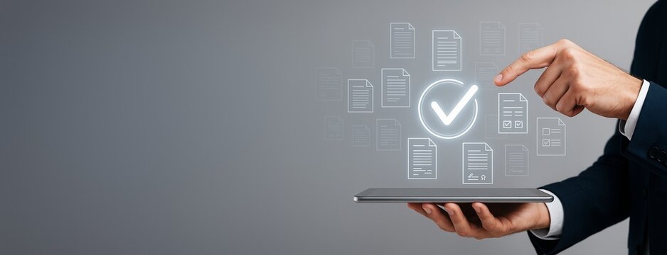 Businessman using digital tablet with floating document icons and checkmark on grey background for technology or promotion template use. - Powered by Adobe