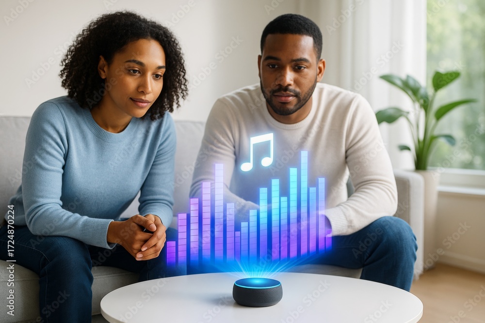 Poster couple interacting with smart speaker featuring colorful abstract music equalizer and note icon in b