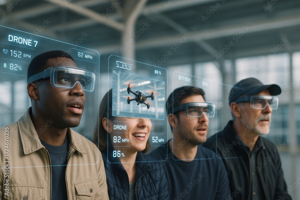 Poster group of people using augmented reality glasses to control drones in futuristic indoor environment w