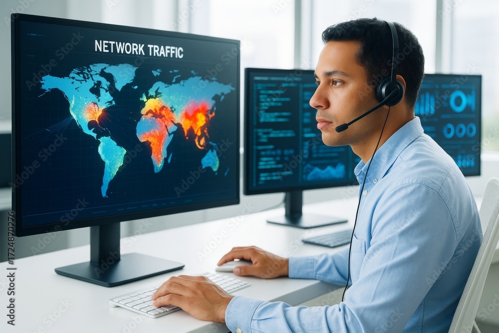 Poster it analyst monitoring global network traffic data on multiple screens in modern office environment w