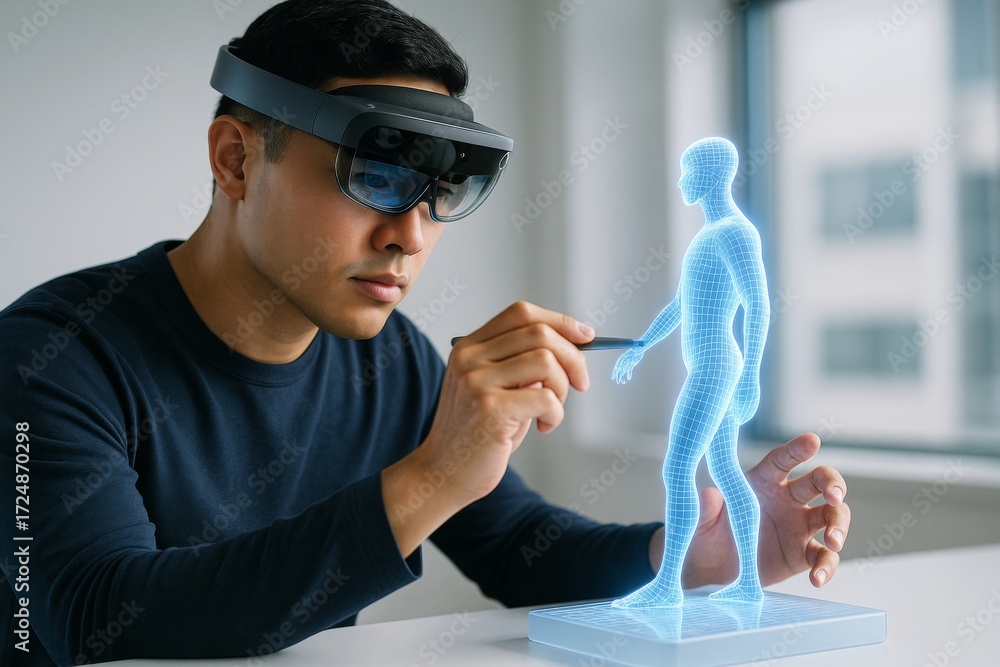 Poster man using augmented reality headset and stylus to interact with light blue holographic human figure 