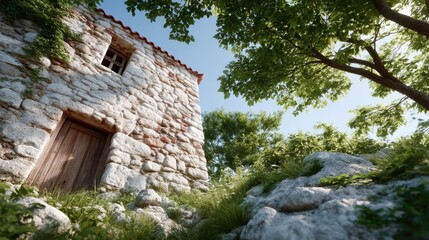 Rustic Stone Tower Amidst Lush Greenery and Clear Sky with Cinematic Lighting HDR Rendering and Medieval Landscape