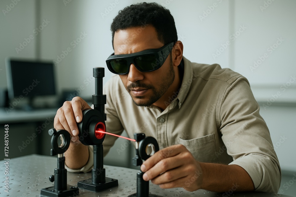 Poster scientist using laser optics equipment while wearing protective glasses in high-tech lab environment