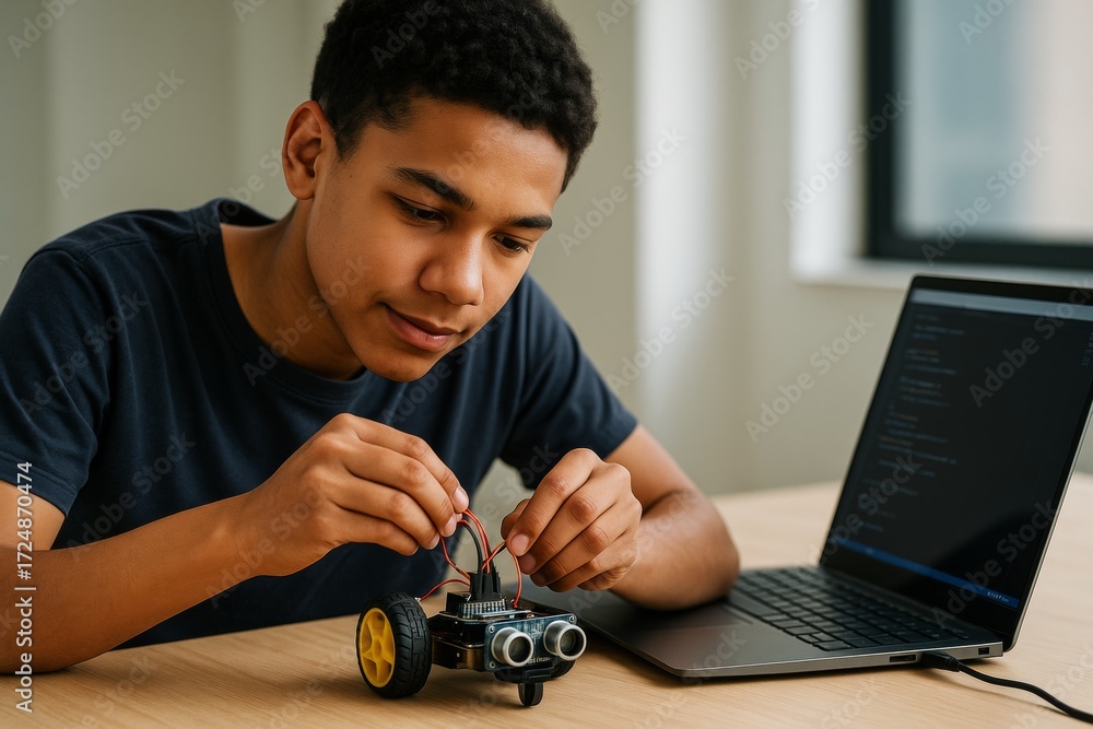 Poster teen boy building robotic car with wires while coding on laptop beside him on wooden desk in bright 