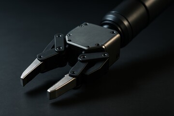 Close-up of futuristic robotic claw arm with mechanical grip on dark background under dramatic light, illustrating advanced technology concept. Ai generative