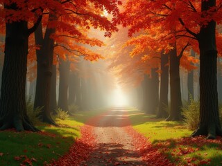 Sunlit Path Through Fiery Autumn Forest Canopy