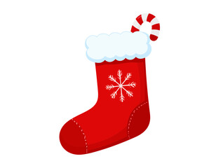 Red Christmas stocking is stuffed with a candy cane featuring a white snowflake design cozy holiday.
