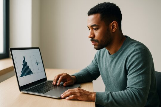 Focused man analyzing bar and box plots on laptop while working in a bright modern office with neutral light background during daytime work session. Ai generative