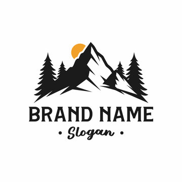A stylized logo featuring a mountain range with pine trees and a sun, accompanied by text for a brand name and slogan.