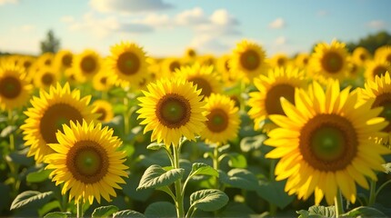 Vibrant sunflower field in full bloom under a bright, sunny sky with soft clouds.
