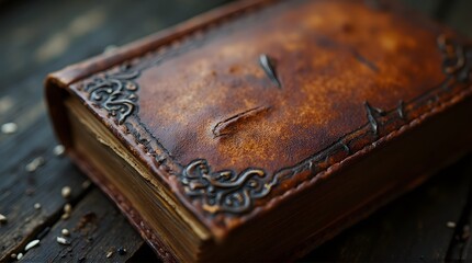 Vintage brown leather book with ornate filigree corners on a dark rustic surface.