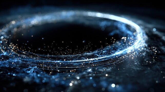 A swirling, circular pattern of luminous blue and light gray particles creates a dynamic and ethereal design against a dark background.