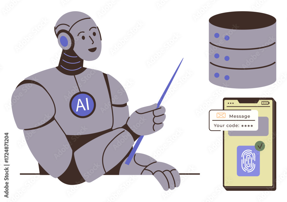 Poster robot labeled ai holding a pointer, database stack icon representing cloud computing, and smartphone