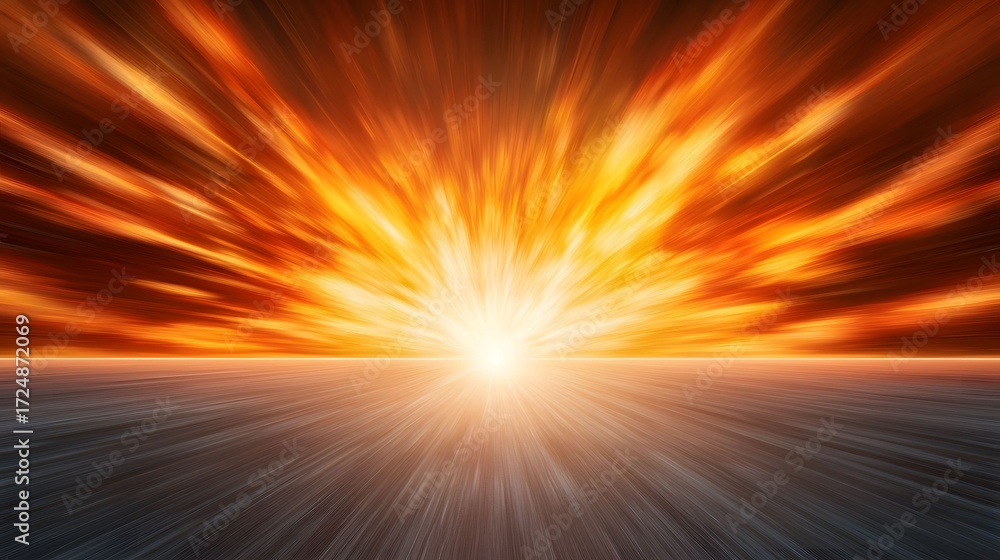 Poster the image displays a horizon line with a radiant, fiery glow emanating upward, creating a sense of e