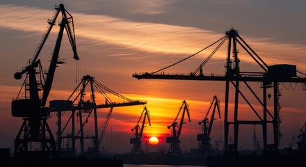 Obraz premium Industrial Cranes Silhouette Against a Vibrant Sunset Sky at a Commercial Port.