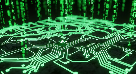 Abstract Green Circuit Board with Falling Binary Code technology glowing