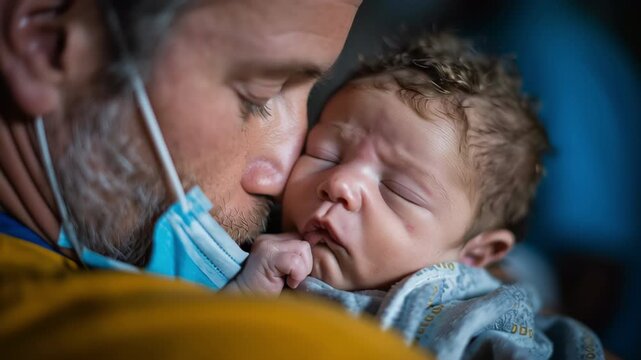 A father holding newborn baby in hospital with mask, love, tenderness, care, family bond, protective embrace, peaceful emotional moment, infant saf