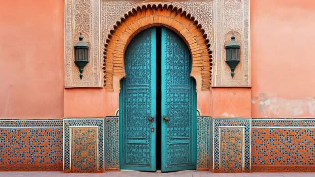 Ornate Moroccan Doorway with Teal Doors, Intricate Arch, Decorative Tiles, and Sconces, Marrakech, Morocco, Architectural Detail