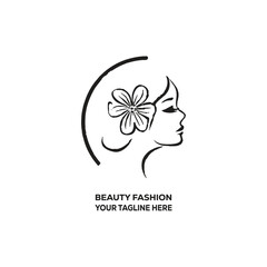 Beauty Fashion Logo Design, Elegant Woman Face with Flower, Feminine Cosmetics and Spa Brand Icon Template