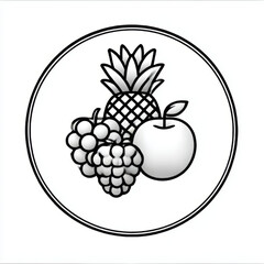 Mixed Fruits Illustration, line art with grayscale fill, representing healthy eating and fresh produce in a circle on white background with copy space
