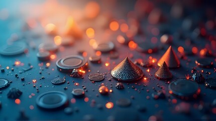 Intricate metallic cones and discs scattered on a surface with glowing orange bokeh lights.