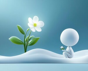 3D render of a small figure holding a white flower, symbolizing hope and growth.