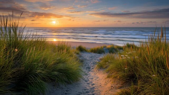 Enjoy a beautiful sunset as sun sets over the ocean. The sandy beach is framed by tall grass, creating a peaceful atmosphere at twilight. Nature's beauty unfolds on this serene shore