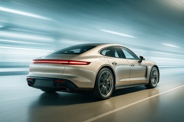 Futuristic luxury car speeding through tunnel with motion blur and modern lighting on dynamic background emphasizing creative transport concept.