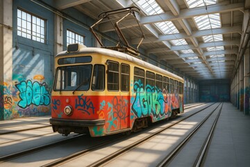 Colorful graffiti-covered vintage tram in sunlit industrial depot with tracks and skylights, showcasing urban transport and street art concept. Ai generative