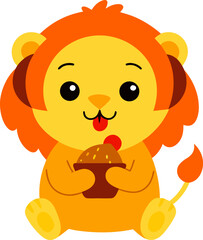 Naklejka premium Cute Lion Cub Enjoying a Yummy Treat Vector Illustration