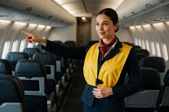 Fototapeta Flight attendant demonstrating safety procedure wearing yellow life vest inside airplane cabin with seats and soft light in background. Ai generative