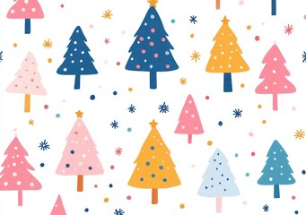 Colorful Christmas tree pattern with pink, blue, and yellow trees adorned with polka dots on a white background
