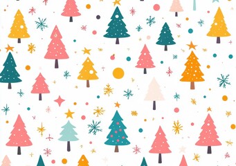 Playful Christmas tree pattern with colorful and whimsical elements on a white background, featuring pink, green, and yellow trees adorned with polka dots and stars, perfect for festive designs.