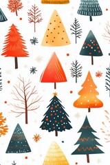 Obraz premium Cute Christmas tree pattern with simple lines and vibrant colors featuring various stylized trees on a light background