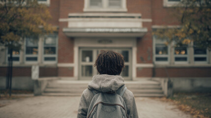 Fototapeta premium Student standing in front of an educational institution with autumn leaves scattered on the ground, wearing a gray hoodie and carrying a backpack.
