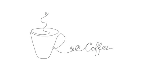 Continuous line drawing of coffee cup with steam and beans isolated on a white background