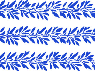 Crayon draw olive branches pattern in blue sketchy style. Vector for packaging, textile design, Mediterranean branding or decorative projects.