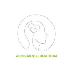 Single line drawing human head with heart inside and text isolated on a white background