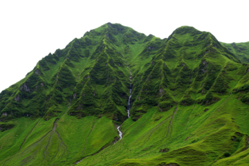 Tropical green mountain landscape with steep cliffs, isolated on transparent background, cut out, png