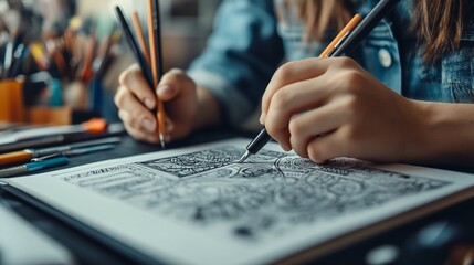 Artist's intricate work, creating detailed linework with focused dedication