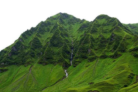Tropical green mountain landscape with steep cliffs, isolated on transparent background, cut out, png - Powered by Adobe