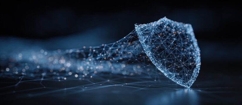 Abstract digital shield with network connections, representing data security and protection in cyberspace.