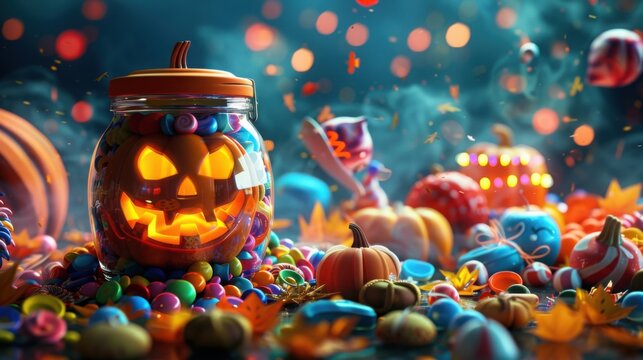 3D Rendering Halloween Candy Jar Overflow Effect Pictures