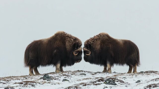 Two musk oxen face each other in a snowy landscape