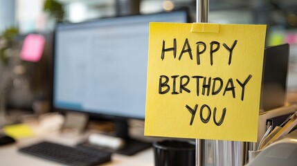 Bright yellow sticky note with 'Happy Birthday You' handwritten greeting attached to office monitor, celebrating coworker milestones in a modern workspace.