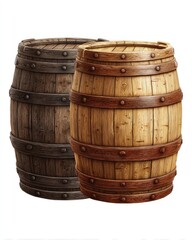 Obraz premium Two wooden barrels, one dark brown, one light brown, both with metal bands and rivets, displayed against a white background